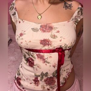 Floral Print Top with Red Ribbon